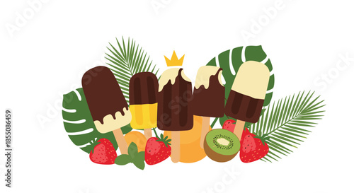 Selection of chocolate coated ice cream bars on sticks with tropical fruits and palm leaves representing a summer holiday treat.