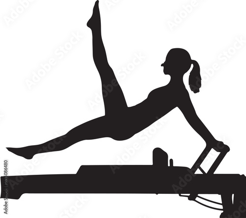 Silhouette of a Woman Doing Pilates Leg Exercise on a Reformer Machine for Core Strength and Flexibility