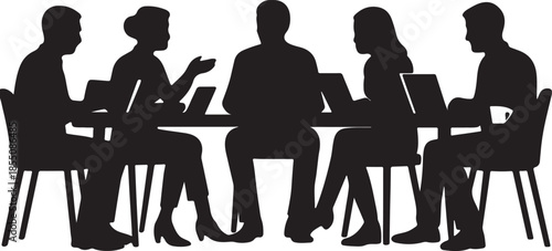 Silhouettes of five individuals seated around a long table, engaged in a meeting with laptops and a coffee cup, representing collaboration, teamwork, and modern business