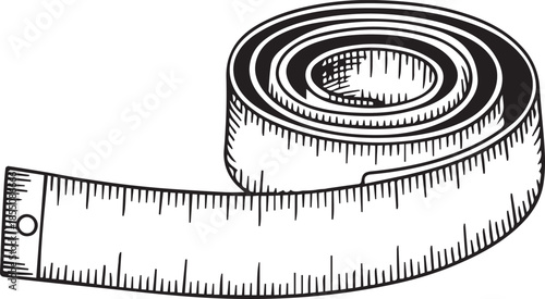 Monochrome sketch of flexible measuring tape unrolling for accurate length determination tasks