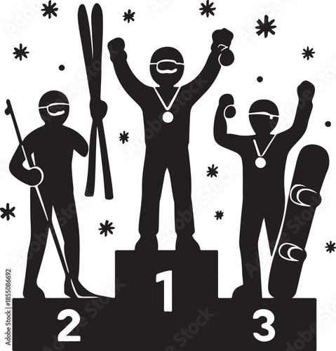 Three winter athletes on podium silhouettes vector illustration