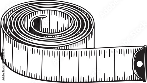 Engraved style illustration of coiled tape measure for sewing tailoring and construction work