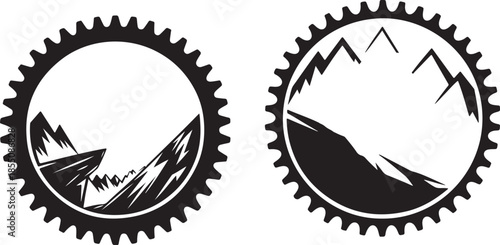 Set of two circular gear logos with distinct abstract mountain range landscapes for cycling apparel