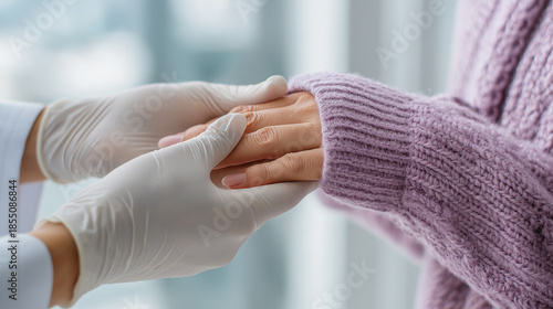 Medical professional in white gloves examining a patient's hand. Represents clinical diagnosis and treatment of rheumatoid arthritis in a hospital