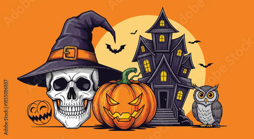 Halloween composition featuring a large skull wearing a witch hat alongside a jack o lantern haunted house and an owl at night.