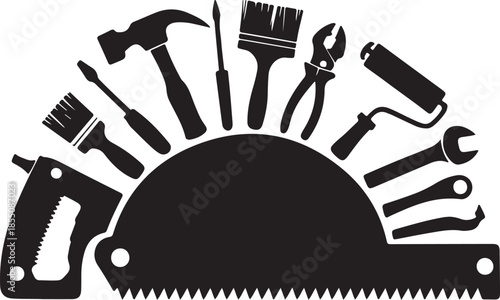 building renovation tools arranged semicircularly construction repair maintenance home improvement