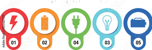 Modern vector infographic template with energy icons, circular steps, power symbols, business presentation layout, clean corporate design elements