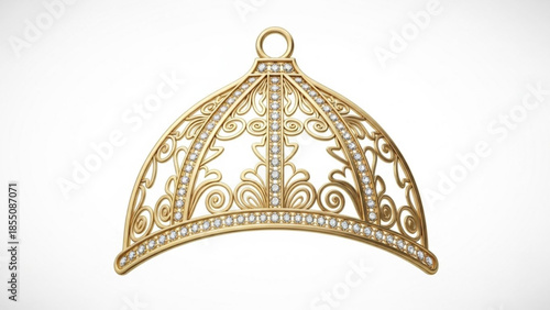 Gold filigree pendant with clear stones on white background, elegant jewelry piece with intricate design and sparkling details, luxurious accessory