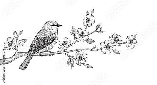Exquisite black and white engraving of a songbird perched on a blossoming tree branch with many delicate flowers and buds.