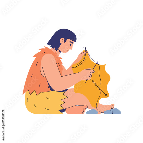 A cavemen are making clothes from animal skins, vector illustration design