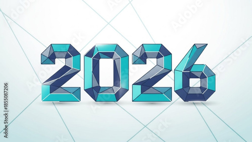 Futuristic 2026 text with blue green metallic 3d numbers on white background with lines