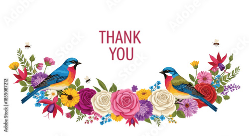 Semicircular floral arrangement with two colorful birds and the words Thank You in a stylish font on a clean white background.