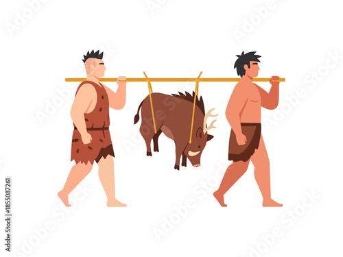 Vector illustration two cavemen are carrying a wild boar they hunted