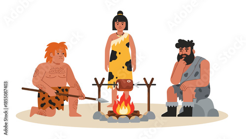 The cave people are cooking their hunted meat, vector illustration design