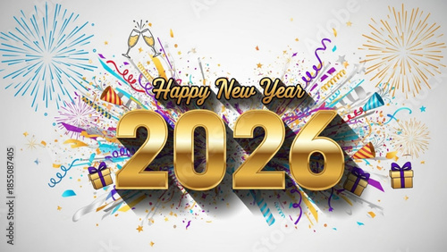 A vibrant digital illustration celebrating the year 2026 with gold text and colorful fireworks on a white background for a festive New Year's greeting