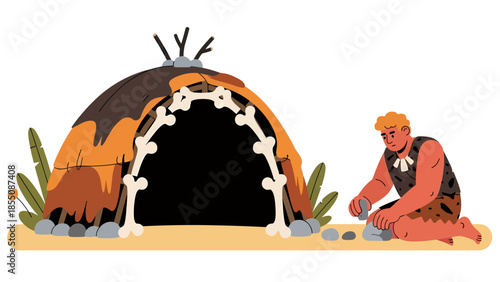 The caveman is building a house, vector illustration design