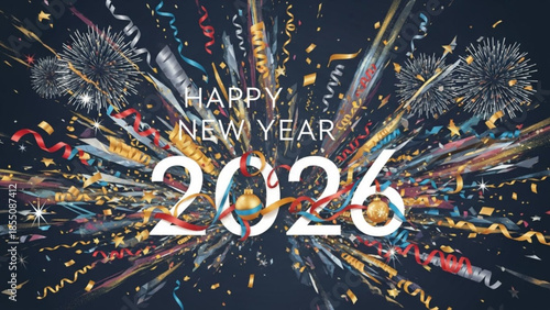 A vibrant and festive New Year's Eve celebration with colorful confetti and fireworks on a dark background with a Happy New Year 2026 message