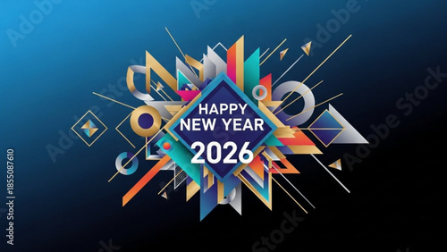 A colorful and modern graphic design celebrating the new year 2026 with a vibrant abstract composition and bold typography on a dark blue background