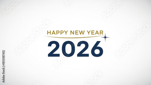 A Happy New Year 2026 greeting card with gold and blue text on a white background with a star and swoosh design element