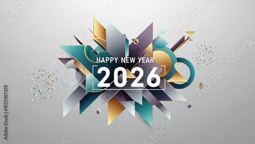 A colorful and modern graphic design celebrating the new year 2026 with geometric shapes and vibrant colors on a gray background