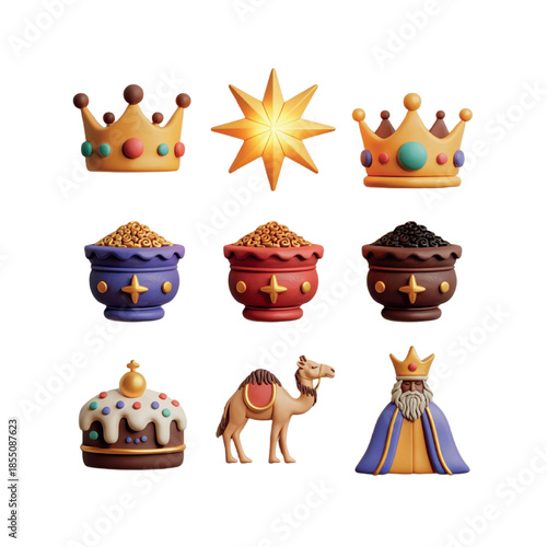 Epiphany 3D Clay Icon Set  Three Kings & Nativity Symbols
