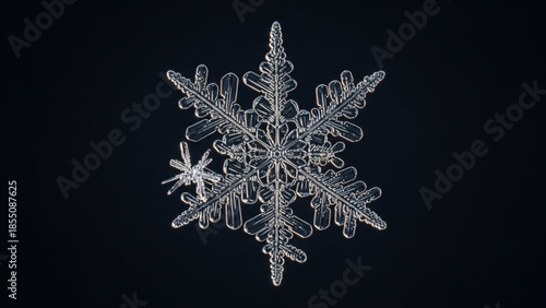 Large delicate snowflake with intricate patterns on dark background, frosty winter weather element, crystal clear ice formation