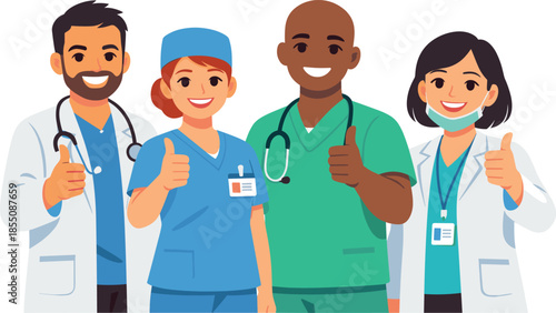 Diverse group of smiling healthcare professionals giving thumbs up