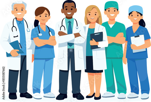 Diverse medical team of doctors and nurses in uniforms