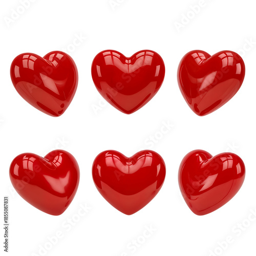 Six Glossy Red 3D Hearts on Transparent Background