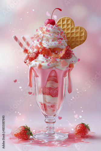 Luxury Strawberry Ice Cream Milkshake with Whipped Cream, Cherry and Heart Cookies (JPG 300DPI 7200×10800)