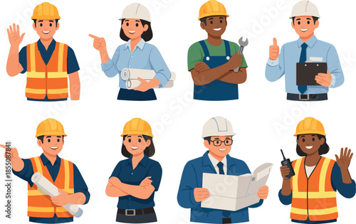 Diverse construction professionals in various poses and actions