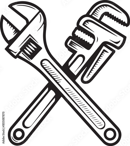 Crossed adjustable wrench and pipe wrench tools line art vintage illustration isolated mechanical equipment