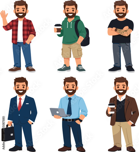 Six cartoon bearded men in different casual and business outfits