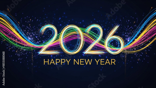 A colorful digital illustration celebrating the new year 2026 with vibrant lines and sparkling particles on a dark background