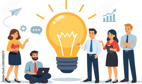 Team collaborates around a bright lightbulb for innovation