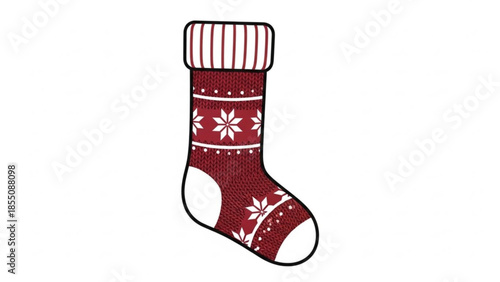 A red christmas stocking with white snowflakes and stripes on a white background, festive holiday decoration