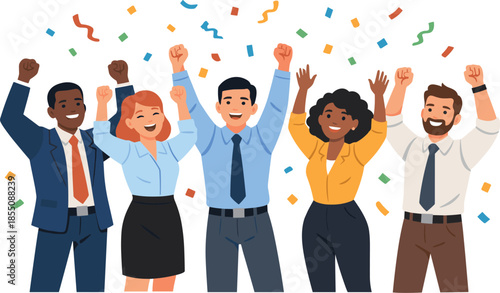 Diverse business team celebrating with confetti and raised hands