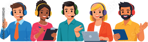 Diverse team of customer service agents with headsets working