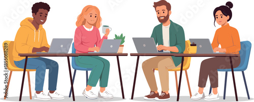 Diverse group of people working on laptops in a coworking space