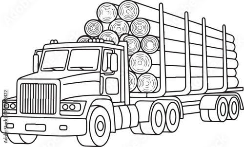 Logging truck with cargo of logs front view black and white outline