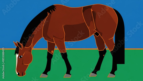 An illustrated brown horse with black mane and tail and orange outlines stands on a green field against a blue background