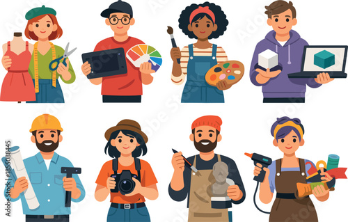 Diverse group of creative professionals holding their tools