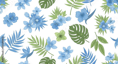 Seamless pattern of blue flowers and green tropical leaves like monstera and palm scattered on a white background.