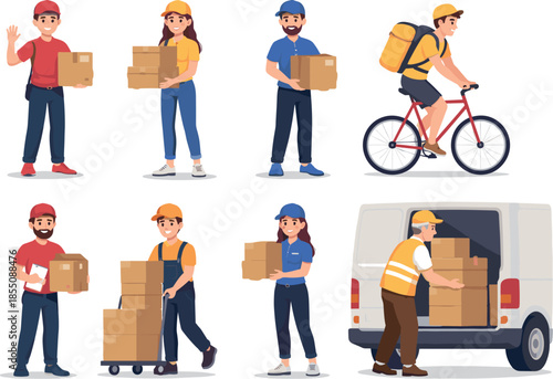 Diverse delivery workers with packages and van