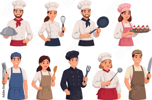Collection of diverse chefs and cooks in professional attire holding kitchen tools