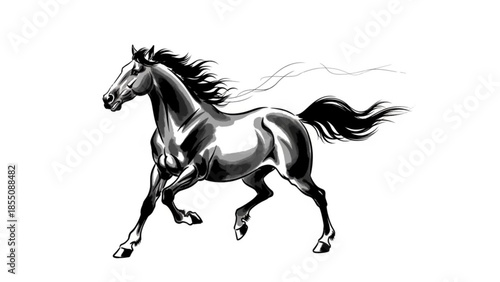 Black and white illustration of a running horse with flowing mane and tail, dynamic movement