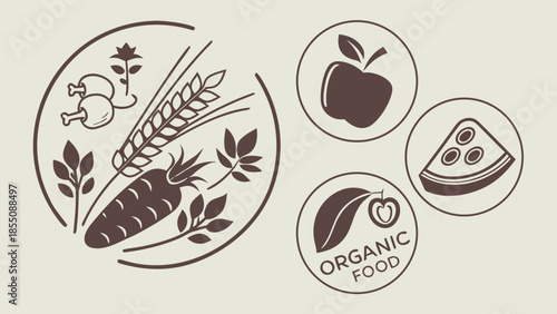 Organic food icons with fresh produce and eco friendly symbols