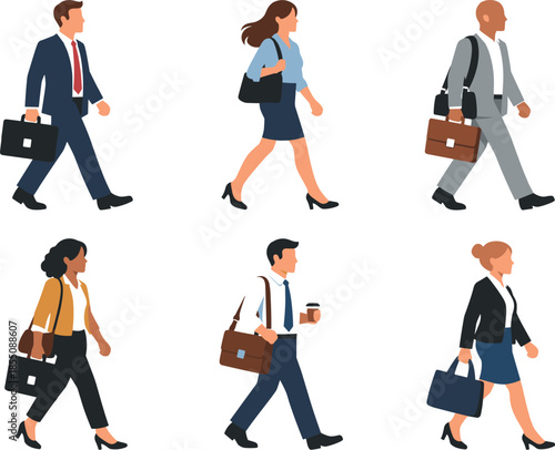 Diverse group of professionals walking with briefcases and bags