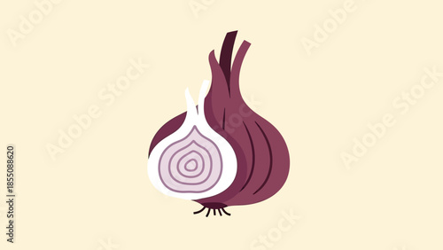 Stylized Red Onion Halved with Layers, Isolated on Light Background