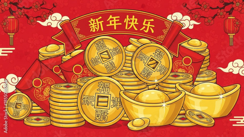 Chinese new year gold ingots and coins with red envelope and banner on red background
